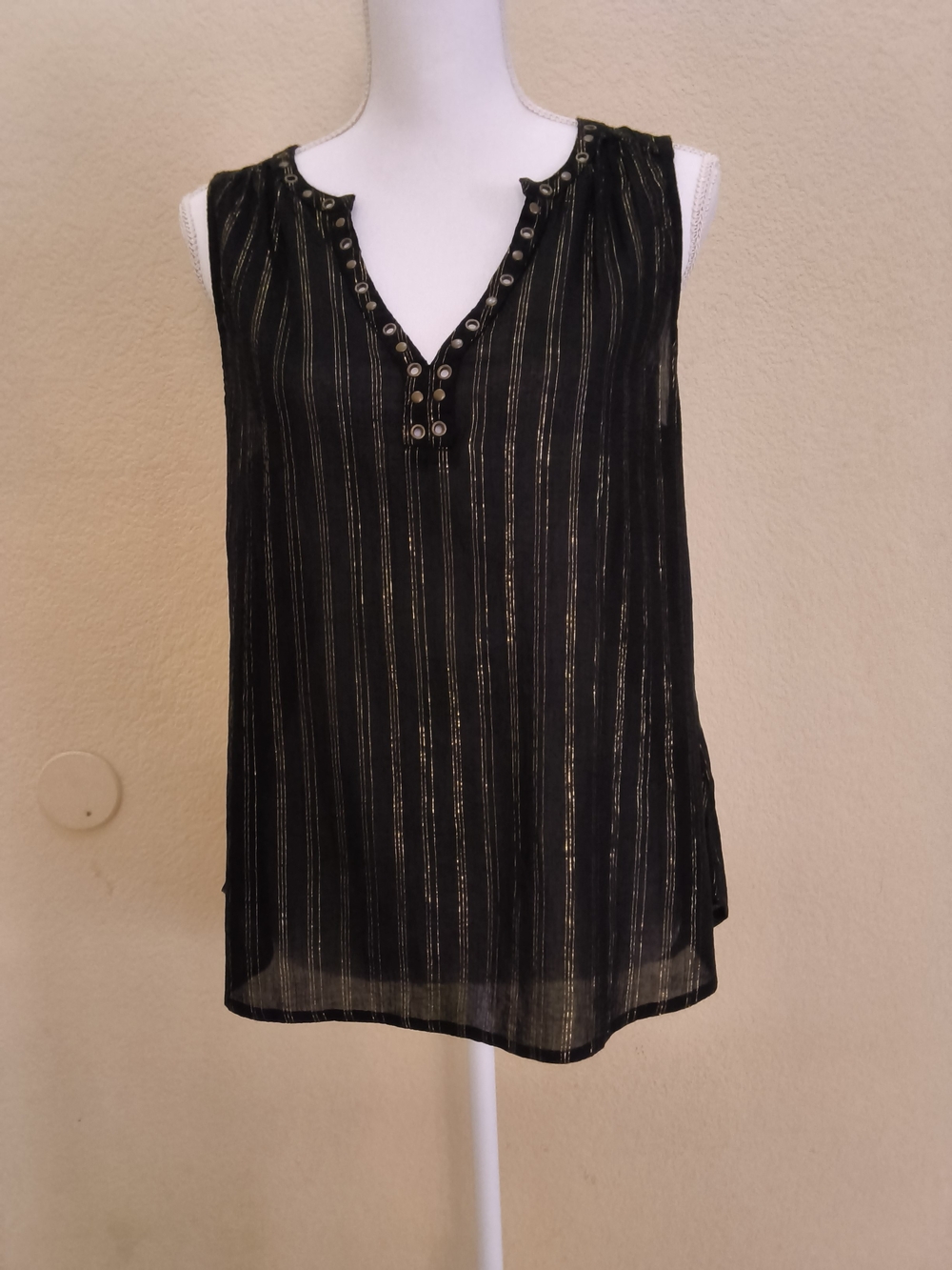 Rock & Republic Black Tank with Metallic Gold Stripes